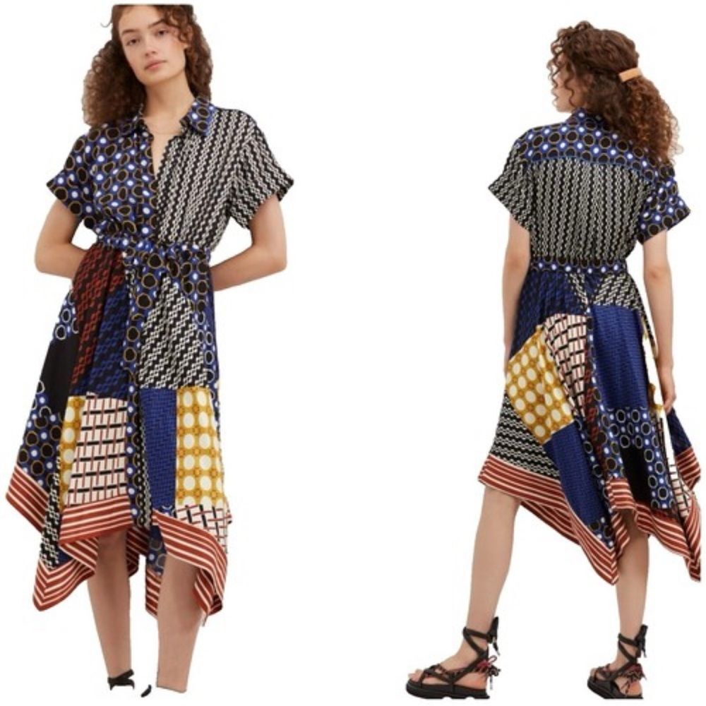 Anthropologie Maeve Contrast Midi Shirt Dress Patchwork Boho Short Sleeve Size S
